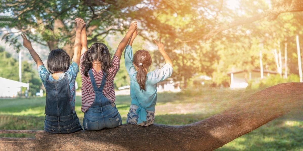 Three children on a tree branch with arms raised in joy